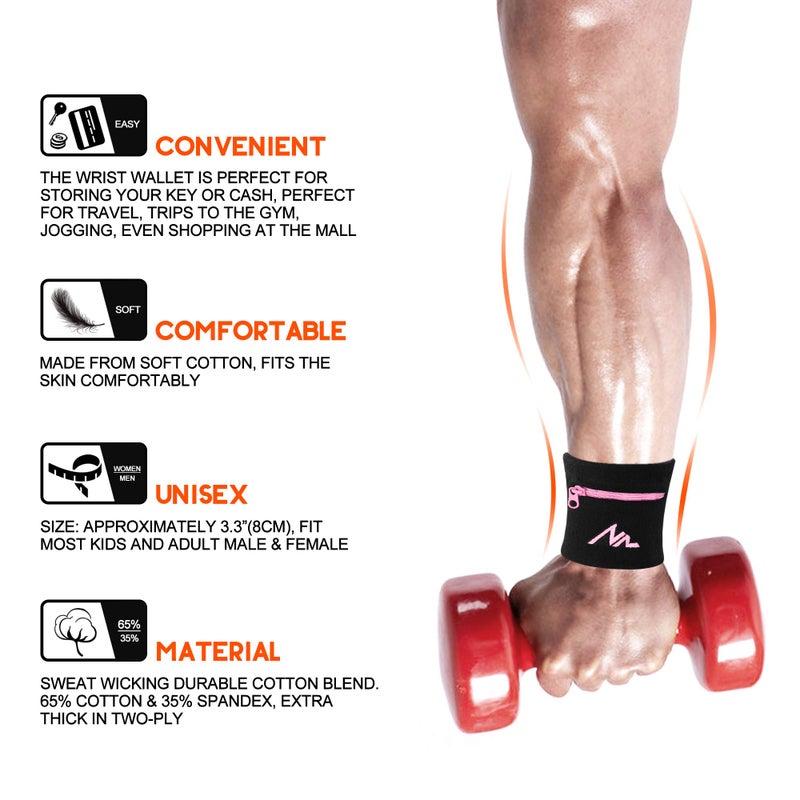 NEWZILL Wrist Wallet Wristband with Zipper - Cotton Sweatbands for Men & Women, Ideal for Sport, Running, Walking, Basketball, Football, Tennis, Hiking, Workout, and More Long Black/Pink - Image 4